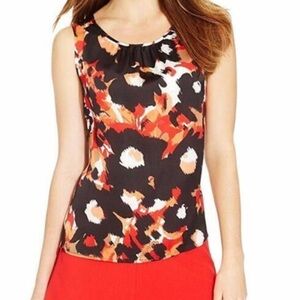 Nine West Sleeveless Floral Pattern Print Pleated at Neckline Womens Large